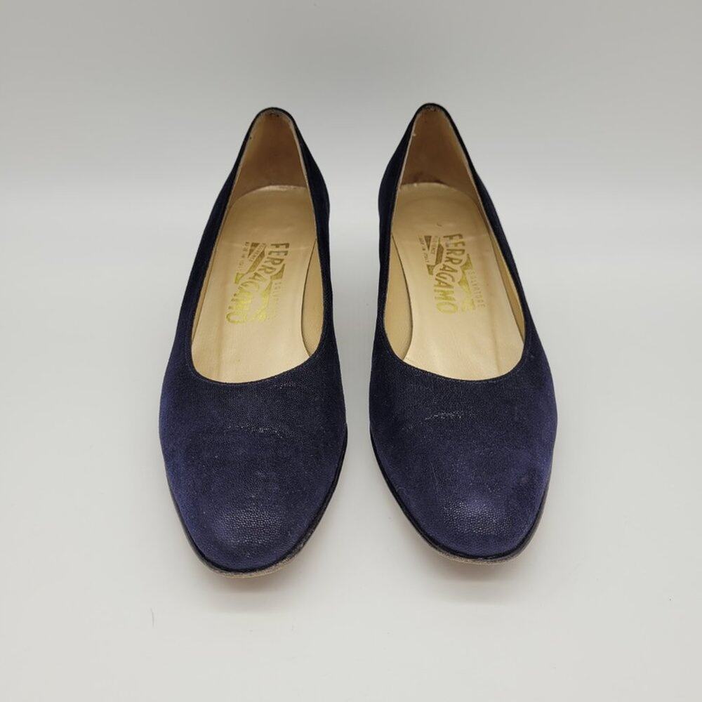 SALVATORE FERRAGAMO "Dublino" Pebble Suede Kid Leather Midnight Blue Size 8 AAAA - Picture 3 of 10